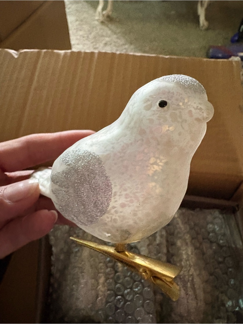 Glass Clip-On Decorative Bird Ornament Set - White with Silver Accents